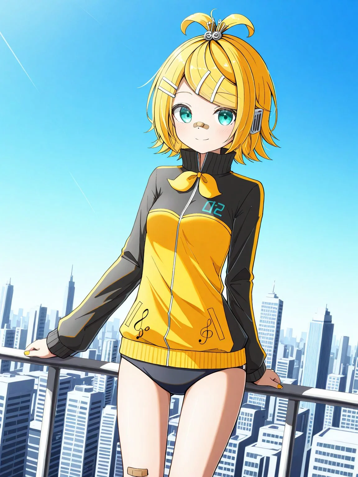 1girl,solo,<lora:StylishEnergyR_illustrious_V1.0:1>,stylishenergyr,kagamine rin,blonde hair,short hair,ahoge,aqua eyes,topknot,hairclip,hair ornament,buruma,black buruma,jacket,track jacket,yellow jacket,black jacket,multicolored jacket,two-tone jacket,double vertical stripe,long sleeves,bandaid,bandaid on nose,bandaid on knee,bass clef,yellow bow,bow,looking at viewer,standing,cowboy shot,breasts,small breasts,smile,skyscraper,blue sky,cityscape,