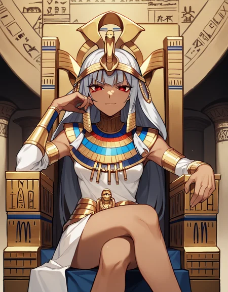 score_9, score_8_up, score_7_up, (fumio), 1girl, sitting on a throne, crossed legs, egyptian, pharaoh, dark skin, mischievous smirk, seductive smile, silver hair, red eyes, egyptian temple, <lora:1_xl_fumio_13e:.9>