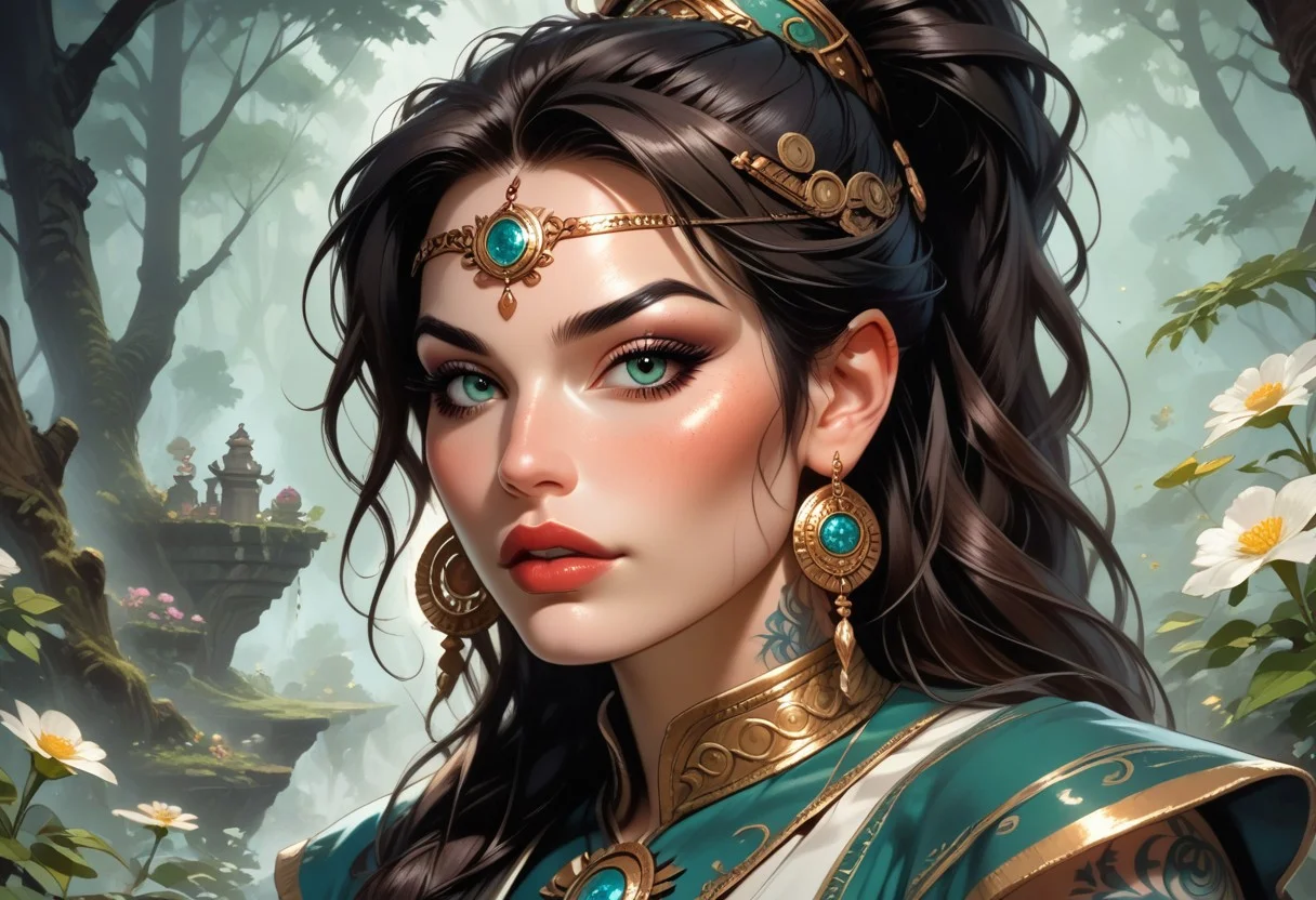 In an ethereal forest setting, a gleaming otherworldly troll gazes wistfully into the distance. This fine art photograph captures the troll's unique beauty in stunning detail. Its skin shimmers with iridescent hues of gold and emerald, its hair woven with delicate flowers. The intricate tattoos adorning its body tell stories of ancient wisdom and mystery. The soft, dreamlike lighting creates a sense of enchantment, drawing viewers into a world of magic and wonder.