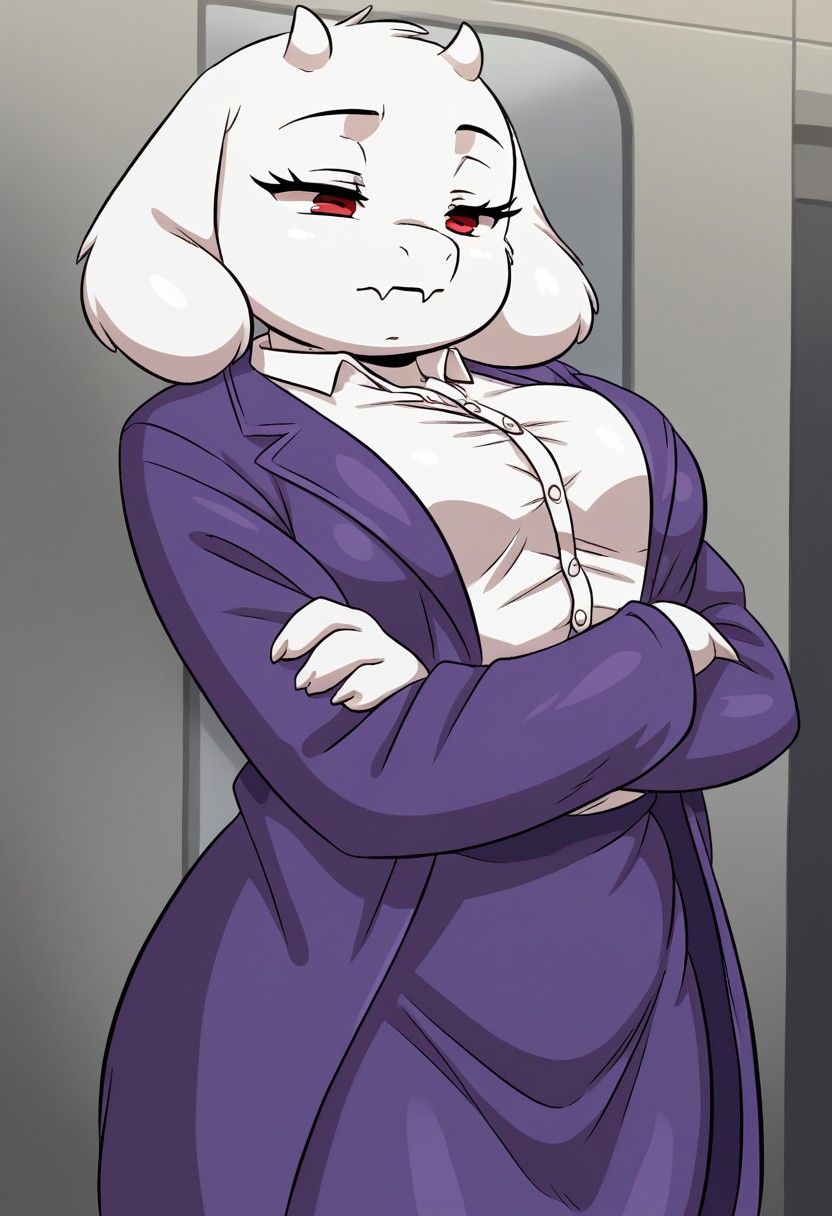 score_9, score_8_up, score_7_up, (detailed texture, digital artwork, improved quality), joaoppereiraus style, ((elevator)), (((color adjustment, solo))), ((white fur, female, anthro goat, Toriel_(Undertale):1.00)), ((short horns, bangs)), ((snout, floppy ears, red eyes, eyelashes)), ((white button-down shirt, purple coat:1.4)), ((boring expression, crossed arms, half-closed eyes)), ((small breasts, thin body:1.5))