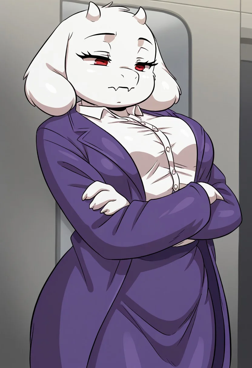score_9, score_8_up, score_7_up, (detailed texture, digital artwork, improved quality), joaoppereiraus style, ((elevator)), (((color adjustment, solo))), ((white fur, female, anthro goat, Toriel_(Undertale):1.00)), ((short horns, bangs)), ((snout, floppy ears, red eyes, eyelashes)), ((white button-down shirt, purple coat:1.4)), ((boring expression, crossed arms, half-closed eyes)), ((small breasts, thin body:1.5))