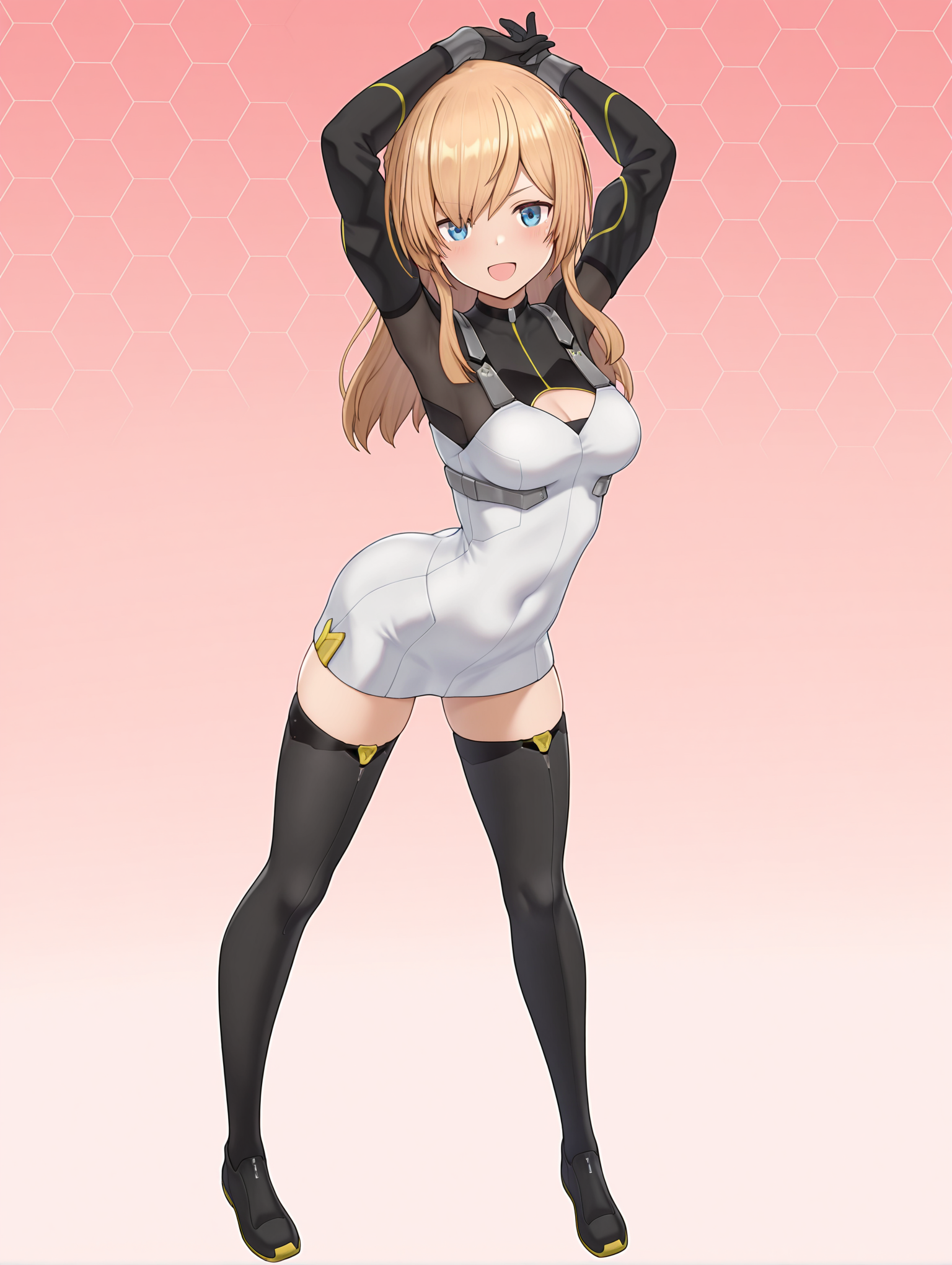 masterpiece,best quality,newest,
1girl,solo,
<lora:merabuchi_kanami_v1.5:1>,kanami,long hair,blonde hair,blue eyes,
granshlem_k,black gloves,white clothing cutout,black thighhighs,
<lora:Fixhands_anime_bdsqlsz_V1:1>,face_focus,looking_at_viewer,full body,honeycomb_background,open_stance,standing,:d,light_blush,white_background,arm_above_head,arms_up,arched_back,