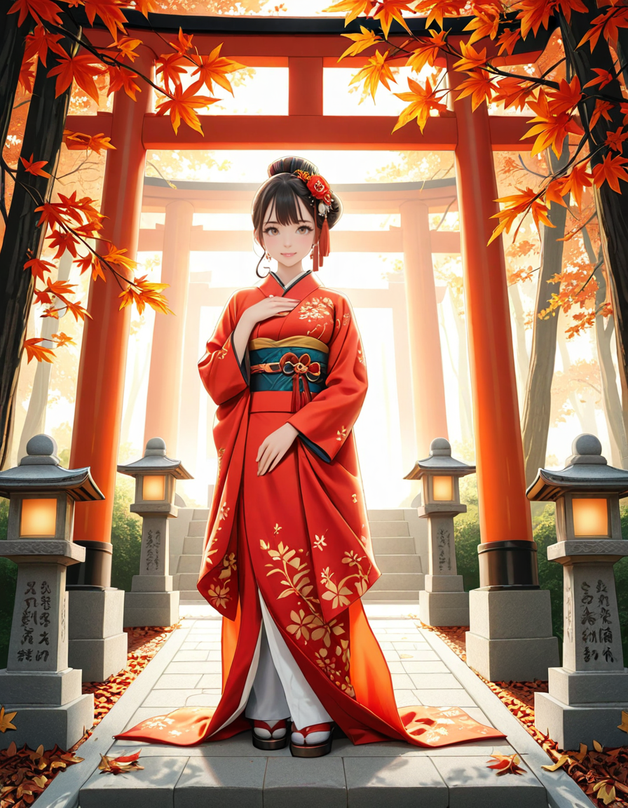 looking at viewer,A graceful Japanese woman standing in front of a traditional Inari shrine, wearing an elegant mauve kimono adorned with intricate floral patterns. Her dark hair is styled in a classic updo, decorated with delicate kanzashi hair ornaments. She has a serene and contemplative expression as she gazes towards the shrine. The scene is set in the late afternoon, with soft golden sunlight filtering through the vibrant red torii gates that create a tunnel leading to the shrine. The ground is covered with autumn leaves in warm shades of red, orange, and yellow. Stone fox statues, draped with sacred red bibs, guard the entrance, adding to the shrine's mystical aura. Traditional stone lanterns emit a soft, warm glow, enhancing the spiritual and tranquil ambiance. The background features lush greenery, contrasting with the shrineâs vivid vermillion hues. The image is in a photorealistic style, with high dynamic range lighting, capturing every intricate detail from the fabricâs texture to the play of light and shadows, evoking a sense of peace and tradition.
<lora:SDXLFaeTastic2400:0.4> <lora:extremely_detailed:0.4> extremely detailed, <lora:Inari_shr1n3:1>,Inari shr1n3, Masterpiece,best quality,hi res,8k,hi res,8k,award winning,(sharp focus, intricate, highly detailed),