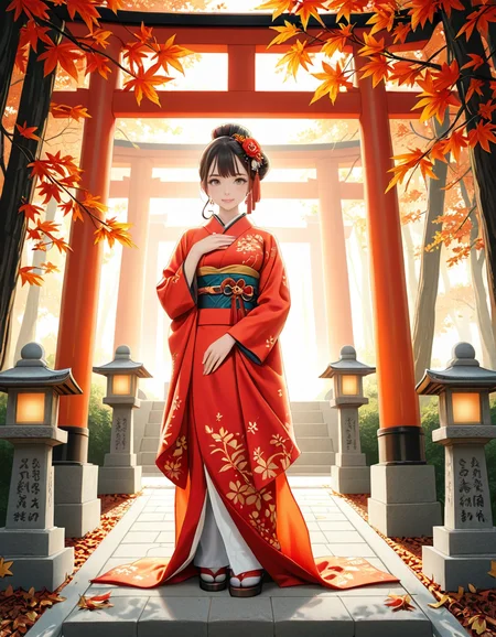 looking at viewer,A graceful Japanese woman standing in front of a traditional Inari shrine, wearing an elegant mauve kimono adorned with intricate floral patterns. Her dark hair is styled in a classic updo, decorated with delicate kanzashi hair ornaments. She has a serene and contemplative expression as she gazes towards the shrine. The scene is set in the late afternoon, with soft golden sunlight filtering through the vibrant red torii gates that create a tunnel leading to the shrine. The ground is covered with autumn leaves in warm shades of red, orange, and yellow. Stone fox statues, draped with sacred red bibs, guard the entrance, adding to the shrine's mystical aura. Traditional stone lanterns emit a soft, warm glow, enhancing the spiritual and tranquil ambiance. The background features lush greenery, contrasting with the shrineâs vivid vermillion hues. The image is in a photorealistic style, with high dynamic range lighting, capturing every intricate detail from the fabricâs texture to the play of light and shadows, evoking a sense of peace and tradition.
<lora:SDXLFaeTastic2400:0.4> <lora:extremely_detailed:0.4> extremely detailed, <lora:Inari_shr1n3:1>,Inari shr1n3, Masterpiece,best quality,hi res,8k,hi res,8k,award winning,(sharp focus, intricate, highly detailed),