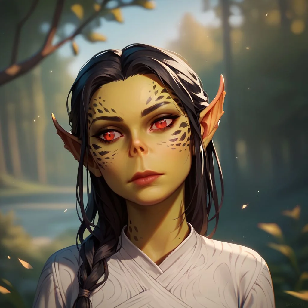 (((beautiful, high quality))), upper body, score_9, score_8_up, score_7_up, solo,
Gith, pointed ears, spots on skin, flat nose, 1girl, red eyes, long black hair, white shirt,
Outdoor, fantasy background, nature, blurred background,