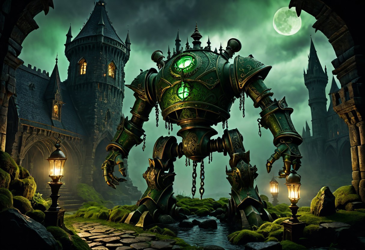 giant bipedal robot dirty pale green and dark green, bronze paisley robot. lacy robot metal kettle head. outside of a steampunk keep. large detailed torso. dark image. one forty foot tall ancient robot with great arms and two heavy spring legs. dark foggy night background. $dark foggy night image only. dark photo realistic image. steampunk details. cogs, chains and pipes incorporated in the fantasy buildings. magic wizards tower in background. Dark swamp, moss, castle ruins, wizards tower. stormy dark night.  stormy sky.