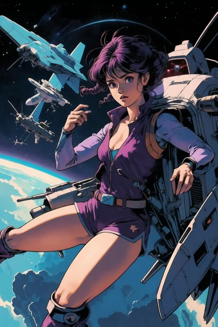 girl, (future,mecha,space,alien:1.4) upper body, (hotify:1.2), (model:1.4), (Retro,Airplane:1.4),Muscular,Cleavage,(Showering),Medium Hair,Plaits Hair,(purple Insulated Vest,maroon Shorts:1.3),idolmaster,Evil Armor ,(masterpiece,detailed,highres:1.4) <lora:novel_bright:0.6>
