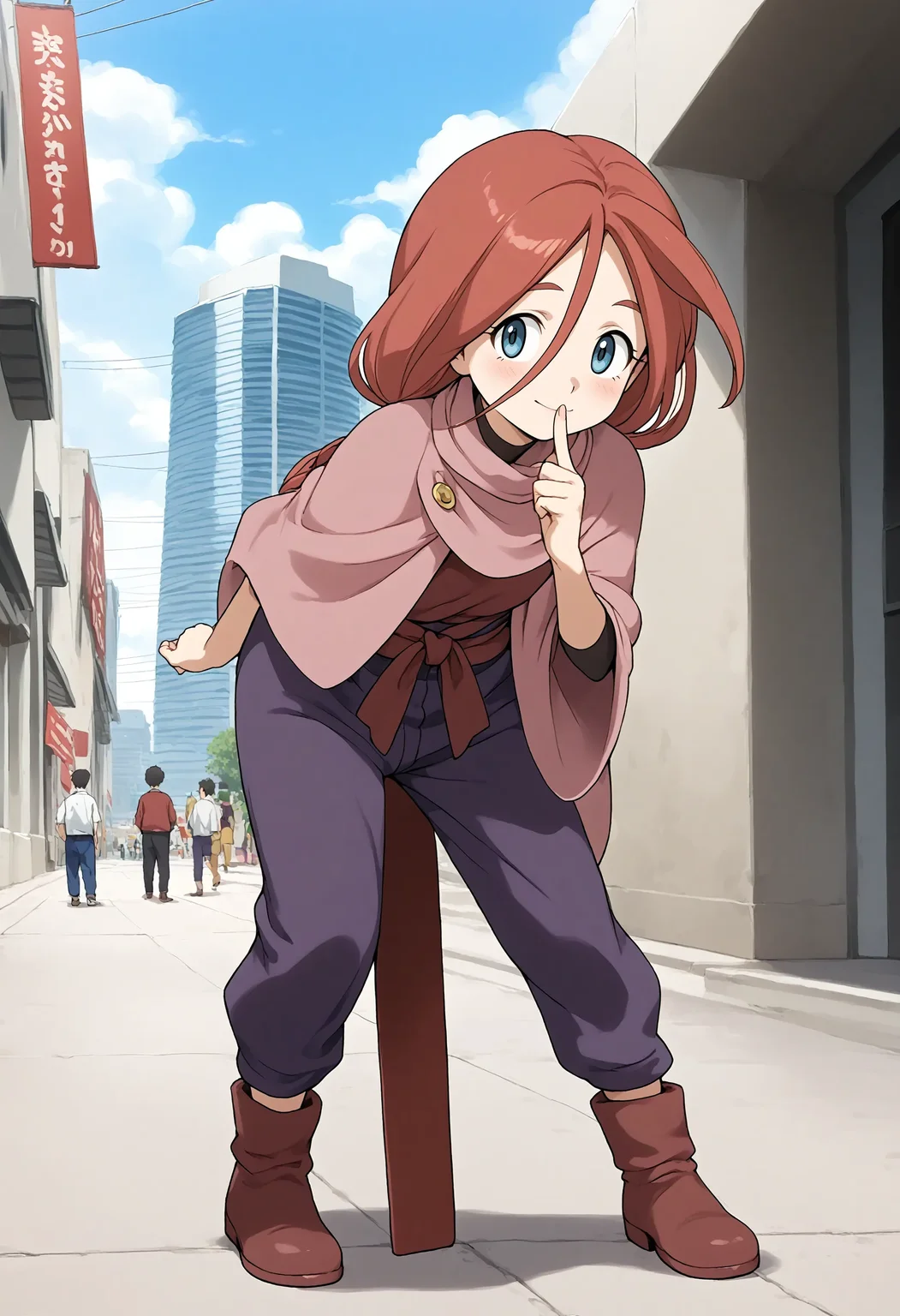 <lora:Hyper-SDXL-8steps-lora:1> <lora:Fixhands_anime_bdsqlsz_V1:1> zPDXL2, score_9, score_8_up, score_7_up, source_anime, intricate details, perfect anatomy BREAK
outdoors, city, tokyo, japan, audience, crowd, standing, hand on own chin, looking at viewer, leaning forward, arm behind back, index finger raised, Dopey, Wide-eyed, slack-jawed, and with a goofy expression., 1girl, solo, solo focus, 
<lora:GAGE-lu_anon_XL(pony)v10:1> GAGE-lu, red hair, medium hair, low ponytail, grey eyes, GAGE-lu outfit, pink capelet, brown shirt, purple pants, brown shoes,