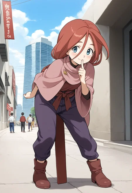 <lora:Hyper-SDXL-8steps-lora:1> <lora:Fixhands_anime_bdsqlsz_V1:1> zPDXL2, score_9, score_8_up, score_7_up, source_anime, intricate details, perfect anatomy BREAK
outdoors, city, tokyo, japan, audience, crowd, standing, hand on own chin, looking at viewer, leaning forward, arm behind back, index finger raised, Dopey, Wide-eyed, slack-jawed, and with a goofy expression., 1girl, solo, solo focus, 
<lora:GAGE-lu_anon_XL(pony)v10:1> GAGE-lu, red hair, medium hair, low ponytail, grey eyes, GAGE-lu outfit, pink capelet, brown shirt, purple pants, brown shoes,