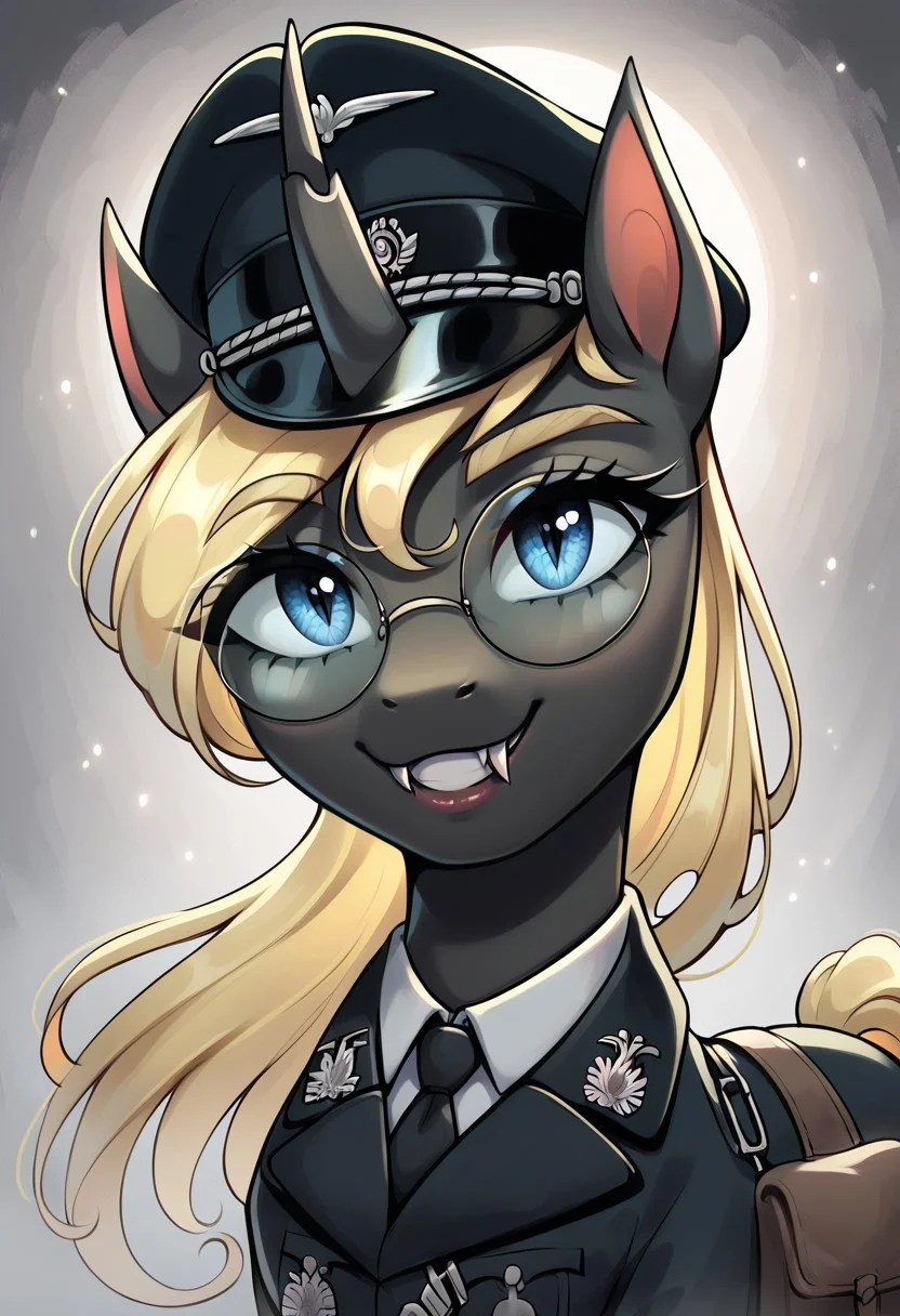 masterpiece, score_9, score_8_up, score_7_up, score_6_up, (best quality:1.1), ultra-detailed, high resolution, 1girl, Yaria, changeling queen oc, feral, black skin, long blonde mane, blonde eyebrows, evil blue eyes, exil smile, long eyelashes, single horn, ears, fang, evil, WWII, world war ii, bmu, black military uniform, peaked cap, (round glasses:1.5) portrait, abstract background, high quality, sharp, the quality of ai art is frightening, highly detailed, (beautiful detailed eyes), Long eyelashes, Highly Visible, from Equestria at War, (((8k))), sharp focus, perfect lighting, beautiful eyes, long eyelashes, anatomically correct, extremely detailed, shine on body, high detail, Expressiveh, detailed background, OverallDetail, zPDXL2