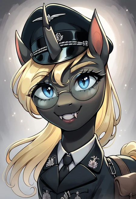 masterpiece, score_9, score_8_up, score_7_up, score_6_up, (best quality:1.1), ultra-detailed, high resolution, 1girl, Yaria, changeling queen oc, feral, black skin, long blonde mane, blonde eyebrows, evil blue eyes, exil smile, long eyelashes, single horn, ears, fang, evil, WWII, world war ii, bmu, black military uniform, peaked cap, (round glasses:1.5) portrait, abstract background, high quality, sharp, the quality of ai art is frightening, highly detailed, (beautiful detailed eyes), Long eyelashes, Highly Visible, from Equestria at War, (((8k))), sharp focus, perfect lighting, beautiful eyes, long eyelashes, anatomically correct, extremely detailed, shine on body, high detail, Expressiveh, detailed background, OverallDetail, zPDXL2