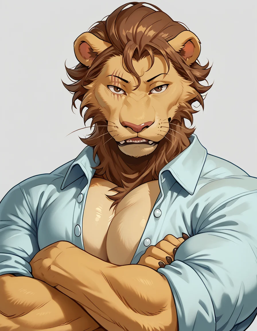 zPDXL3, <lora:Free_The_Lion_Beastars_PDXL:0.8> Free The Indian Lion_(Beastars), three-quarter portrait, by darkgem, by sollyz, male focus, 1boy, solo, furry male, brown hair, scar, cute, anthro, furry, lion, cute face, looking at viewer, muscular man, big pecs, huge biceps , dress shirt, slacks, arms crossed, bara, unbuttoned shirt, bulging muscles, strong jaw, masculine face, handsome, <lora:Shoegaze_Style_Pony:0.5> <lora:SollyzStyle:0.5> <lora:1dkXLP:0.35> <lora:detailed_notrigger:1> <lora:hand 4:1> <lora:Darkgem_Style_Lora:0.65> <lora:Expressive_H:1>