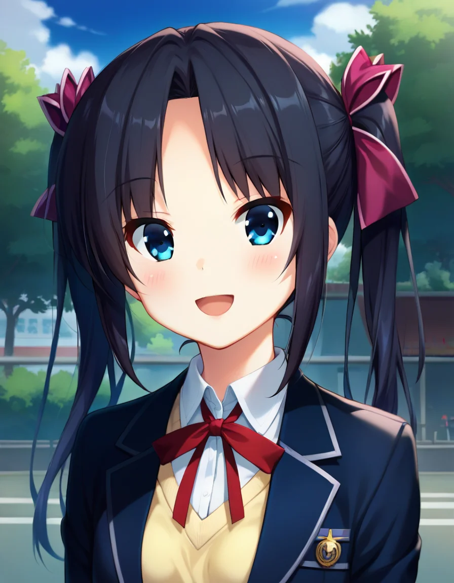 score_9,score_8_up,score_7_up,score_6_up BREAK official art,solo,outdoors,upper body,(portrait:1.5),looking at viewer,facing viewer,smile,blush,Otonashi Kushina,long hair,black hair,twintails,hair ribbon,hair bow,hair intakes,parted bangs,blue eyes,open mouth,:d,school uniform,blazer,black jacket,wing collar,yellow sweater vest,collared shirt,white shirt,neck ribbon,red ribbon,long sleeves,small breasts,miniskirt,green skirt,plaid skirt,pleated skirt,zettai ryouiki,white thighhighs,loafers,<lora:Otonashi Kushina(ls)-Pony:1.3>,