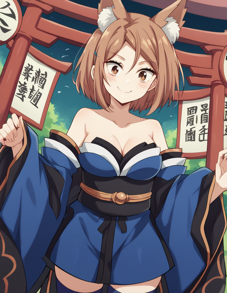 score_9, score_8_up, score_7_up, source_anime, <lora:yayoi-toba-s1-ponyxl-lora-nochekaiser_r1:1>, yayoi toba, short hair, brown hair, hair ornament, brown eyes, hairclip, medium breasts,, <lora:tamamo-no-mae-cosplay-ponyxl-lora-nochekaiser:1>, tamamonomaecosplay, tamamo no mae (cosplay), animal ears, bare shoulders, blue kimono, blue thighhighs, detached sleeves, fox ears, fox tail, japanese clothes, kimono, obi, sash, collarbone, thighhighs, wide sleeves,, shrine, smile, blush, , cowboy shot, dutch angle,