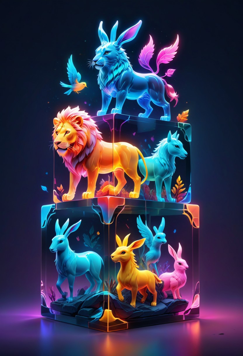 colorful translucent mable cube stack,carved with animals, lion,horse, rabbit,bird,squalo, glowing,Fantasy illustration style, transports viewers to imaginative worlds, epic landscape, and heroic adventures, sparks wonder and inspiration, neon_style
