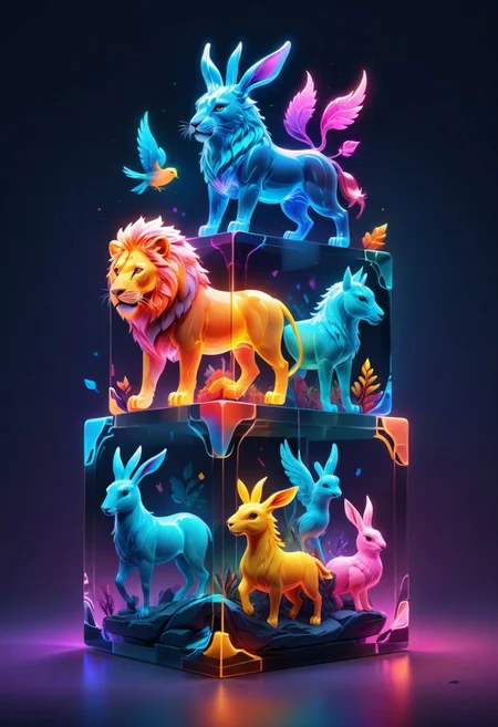 colorful translucent mable cube stack,carved with animals, lion,horse, rabbit,bird,squalo, glowing,Fantasy illustration style, transports viewers to imaginative worlds, epic landscape, and heroic adventures, sparks wonder and inspiration, neon_style