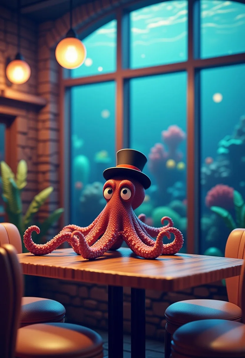 A shy octopus wearing a top hat and bow tie, sitting in an underwater café with coral decorations and seashell chairs, a 3D render in the style of 3DMVIE