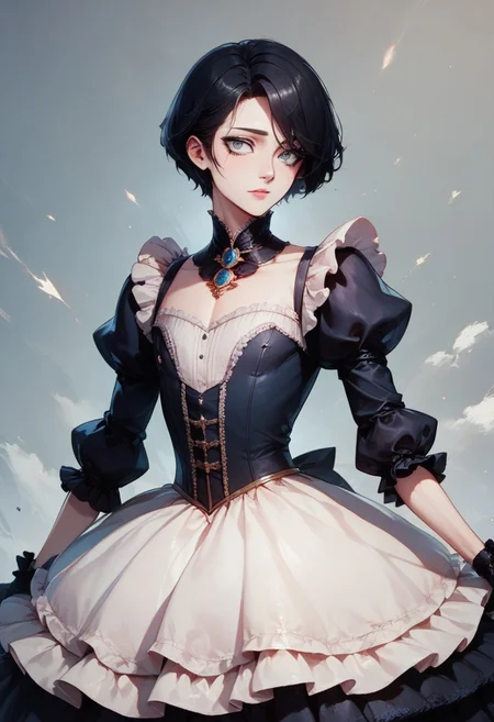 score_9, score_8_up, score_7_up, 1boy, femboy, otoko no ko, short hair, bob cut hair, black hair, grey eyes, gray eyes, feminine face, toned body, Shelly, victorian dress, highly detailed, intricate, zzCitronCAT, pose, modelshoot
