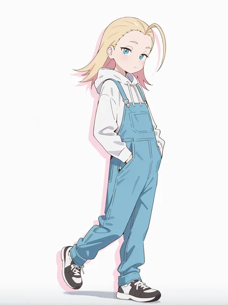 (masterpiece:1.4), (best quality:1.4),  rating_safe,very aesthetic, newest,best quality, amazing quality, very aesthetic, absurdres,
 1girl,solo,jobko, ,  blonde hair,  long hair, forehead,antenna hair,medium hair, eyebrows,  
<lora:jobko_v2:1>
overalls,white hoodie,hood down, long sleeves,white sneakers,black shoelace
simple background,white background,drop shadow
standing,hands on pocket,walking
looking at viewer