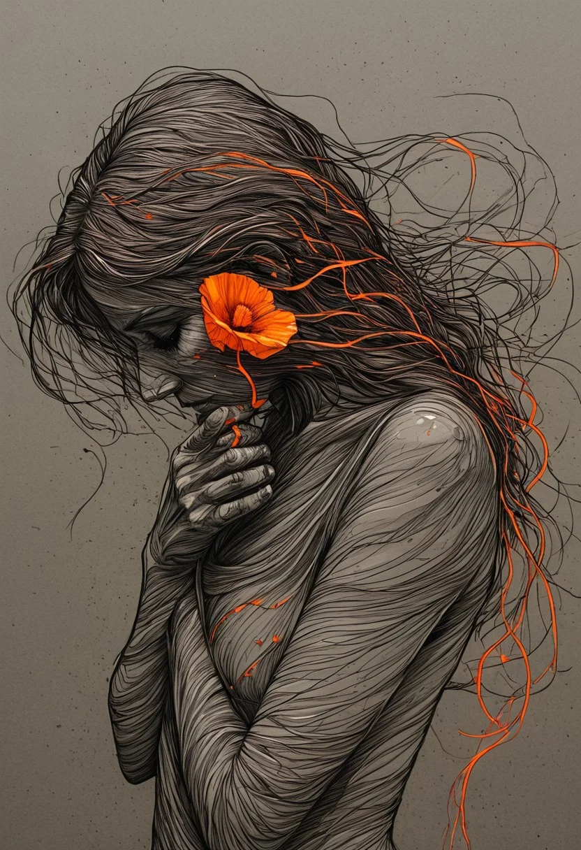 linquivera,coquelicot, beautiful woman, sorrowful expression, faded elegance, poignant atmosphere, lost beauty, melancholic aura, hauntingly captivating, timeless grief, stark contrast, delicate decay,line art,backlighting,wind,backlighting,stardust,(wind:1.2),knight,orange blood