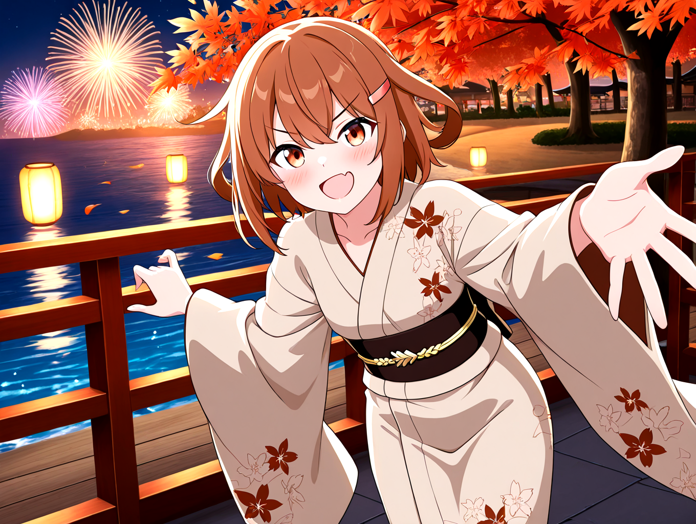 <lora:ikatsuchi-wafuku-000009:1>,ikatsuchi-wafuku,maple leaf floral print yukata,iron III symbol neckline ornament,decorate black obi,golden obijime,brown japanese clothes,brown hair,short hair,1girl,hairclip,solo,hair ornament,fang,wide sleeves,brown eyes,skin fang,alternate costume,tabi,geta,
hanabitaikai,aerial fireworks,colorful,cowboy_shot,solo focus,fireworks,night,sky,maple tree,sea,reflection,floating sakura petals,
paper lantern,
doyagao,open mouth,blush,v-shaped eyebrows,strong smile,gasping,
open hands to reaching towards viewer,leaning forward,
masterpiece,best quality,newest,absurdres,highres,detailed eyes,beautiful,detailed background,perfect eyes,anime coloring,anime screencap,
<lora:add-detail-xl:1>,<lora:ponyv4_noob1_2_adamW-000017:0.8>,wear clothes,