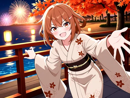 <lora:ikatsuchi-wafuku-000009:1>,ikatsuchi-wafuku,maple leaf floral print yukata,iron III symbol neckline ornament,decorate black obi,golden obijime,brown japanese clothes,brown hair,short hair,1girl,hairclip,solo,hair ornament,fang,wide sleeves,brown eyes,skin fang,alternate costume,tabi,geta,
hanabitaikai,aerial fireworks,colorful,cowboy_shot,solo focus,fireworks,night,sky,maple tree,sea,reflection,floating sakura petals,
paper lantern,
doyagao,open mouth,blush,v-shaped eyebrows,strong smile,gasping,
open hands to reaching towards viewer,leaning forward,
masterpiece,best quality,newest,absurdres,highres,detailed eyes,beautiful,detailed background,perfect eyes,anime coloring,anime screencap,
<lora:add-detail-xl:1>,<lora:ponyv4_noob1_2_adamW-000017:0.8>,wear clothes,
