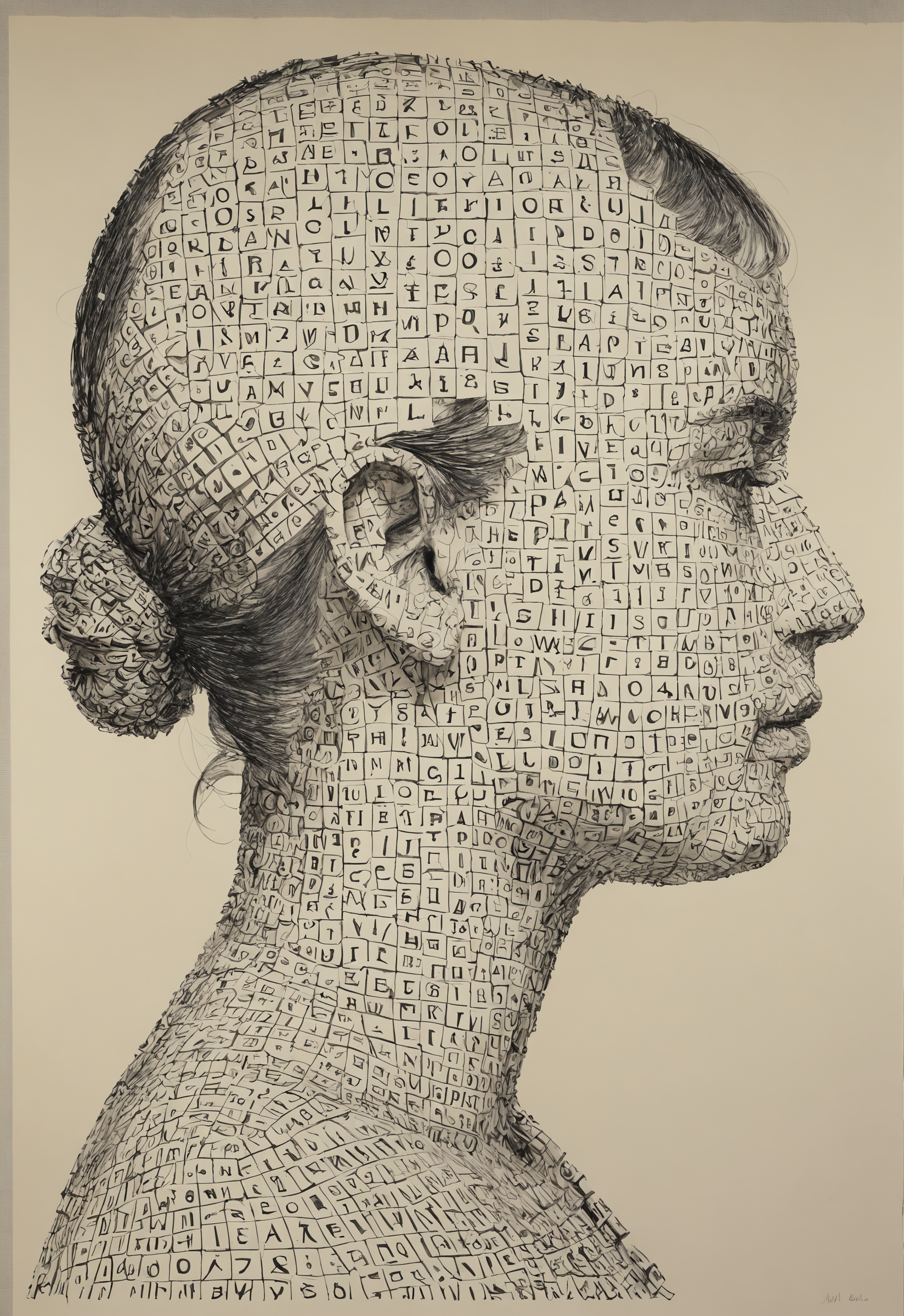 drawing of a woman's head made entirely of words and letters, the words and letters form the woman's head,Mel Bochner,Agnes Martin<lora:add-detail-xl:1> <lora:DD-sli-v1:0.8>