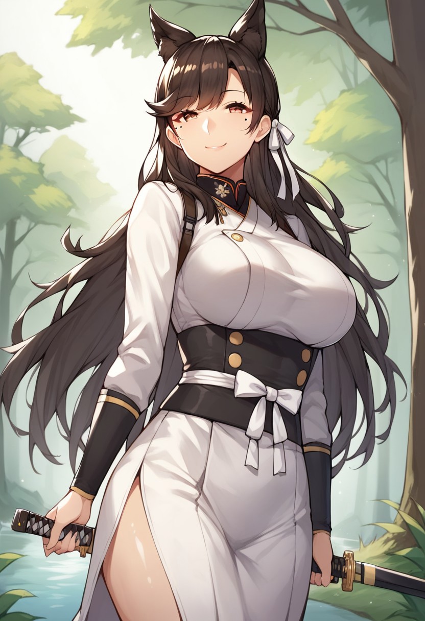 1girl, solo, score_9, score_8_up, score_7_up, source_anime, 2023, by marushin, outdoors, forest, medaow, day, samurai, dynamic pose, atago, azur_lane, animal_ears, black_hair, dog_ears, extra_ears, yellow_eyes, long_hair, ribbon, swept_bangs, white_ribbon, brown eyes, mole_under_eye, shiny skin, shiny, (mature female), beautiful face, highly detailed faces and eyes, tall female, large_breasts, curvy, smug