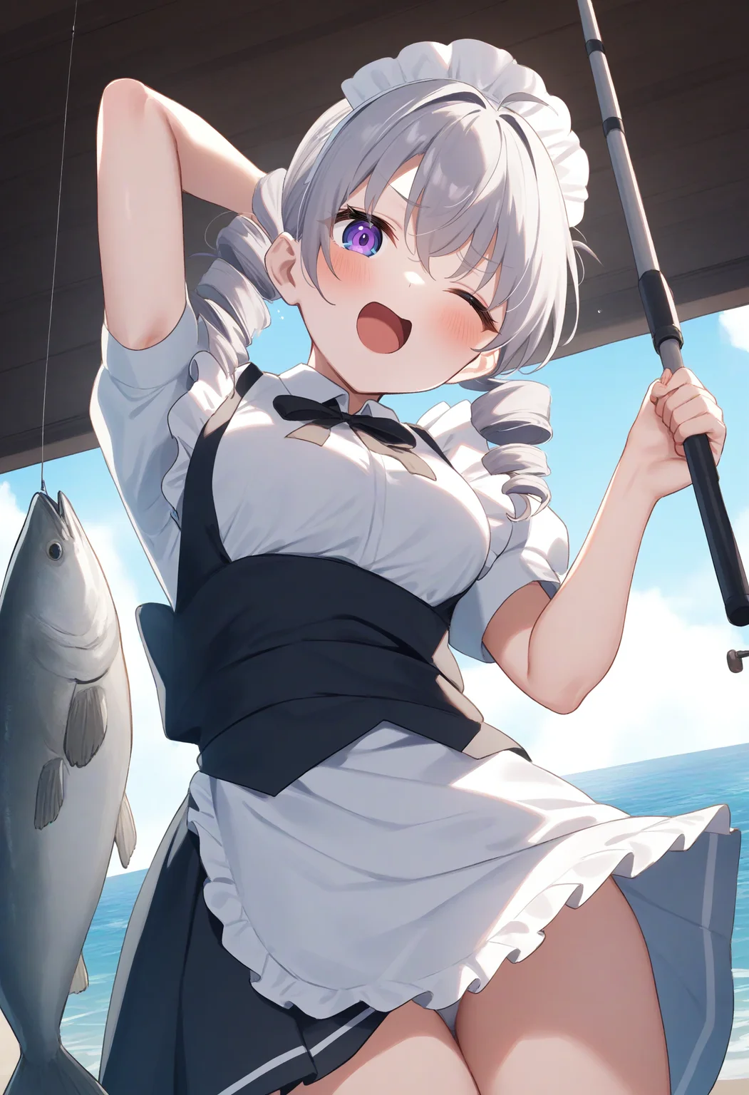 1girl,sincos, ningen mame, toosaka asagi,solo,medium breasts,20yo,maid,maid headdress,
fishing, fishing rod, fish, boat, holding fishing rod, holding fish, ocean, day, arm up, water drop, fishing line, <lora:fishing_XL_v1:0.8>
from below, fisheye lens, looking at viewer, silver hair, purple eyes,wince, open mouth, ringlets hair,,
best quality, very aesthetic, absurdres