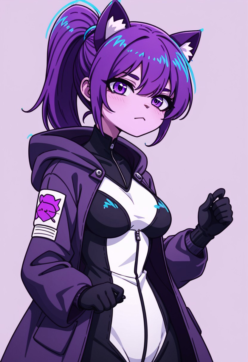 score_9, score_7_up, solo, solo, medium breasts, pose, cat ears,
1girl, purple hair, ponytail, black clothes, coat, gloves, hoodie, white clothes, body armor,