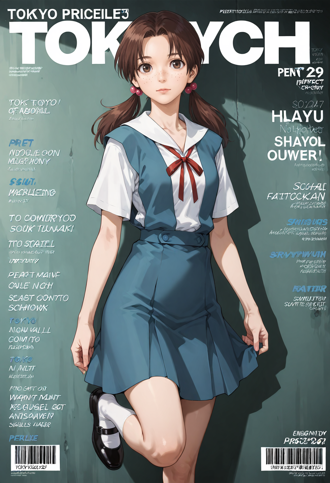 <lora:add-detail-xl:1>,masterpiece,best quality,absurdres,highres,detailed eyes,beautiful,detailed background,perfect eyes,realistic,solo,
magazine cover,fake magazine cover,english text,cover,fake cover,price,cover page,text focus,barcode,dated,cowboy shot,
<lora:Hikari_Horaki:1>,Hikari_Horaki,1girl,school uniform,freckles,twintails,brown hair,tokyo-3 middle school uniform,hair bobbles,shoes,mary janes,socks,hair ornament,skirt,ribbon,brown eyes,black footwear,white socks,long hair,short sleeves,