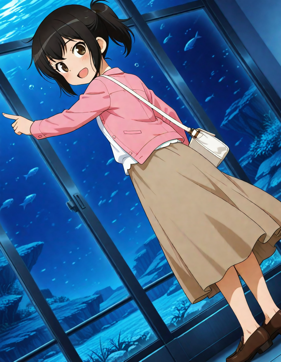 masterpiece,best quality,absurdres,official art,official style,source_anime,anime screencap,anime coloring,
<lora:Hyper-SDXL-8steps-lora:1>,
<lora:emichang_IL:0.8>,emichang, 1girl, solo, blush, black hair, dark brown eyes, ponytail, pink jacket ,brown skirt,long skirt,white shirt, untucked,long sleeves,white shoulder bag, brown loafers,no socks,
 looking at viewer, dutch angle, smile,open mouth,
looking back,night,aquarium,pointing  at another,