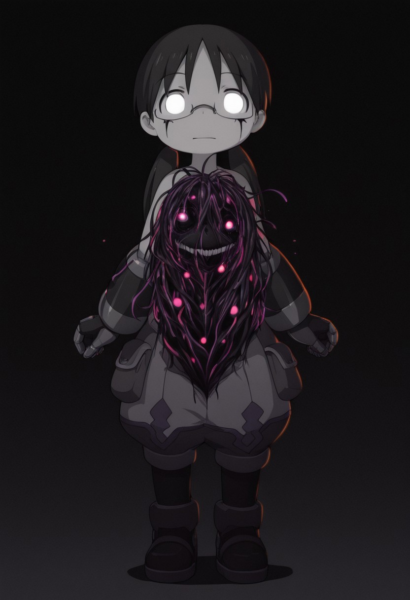 masterpiece, best quality, amazing quality, riko \(made in abyss\), black hair, blank eyes, glowing eyes, semi-rimless eyewear, long hair, low twintails, xdive, android,, full body, detailed background, black background, antiKH, spot color, neon palette, heartless, mouth closed, glasgow smile, no teeth, (horror:1.4), peering at the user, dark