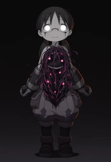 masterpiece, best quality, amazing quality, riko \(made in abyss\), black hair, blank eyes, glowing eyes, semi-rimless eyewear, long hair, low twintails, xdive, android,, full body, detailed background, black background, antiKH, spot color, neon palette, heartless, mouth closed, glasgow smile, no teeth, (horror:1.4), peering at the user, dark