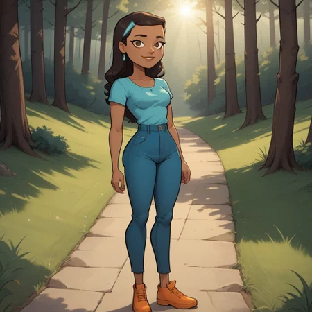 score_9, score_8, BREAK, solo, cyan shirt, 1girl, jeans, dark brown hair, hair buckle, long hair, earrings, dark skin, brown eyes, orange footwear, lips, breasts, total drama, Priya_(Total_Drama), sexy pose, smile, outdoors, sunlight, shadows, evening lighting, natural lighting, forest, trees, grass, orange sky, sunset