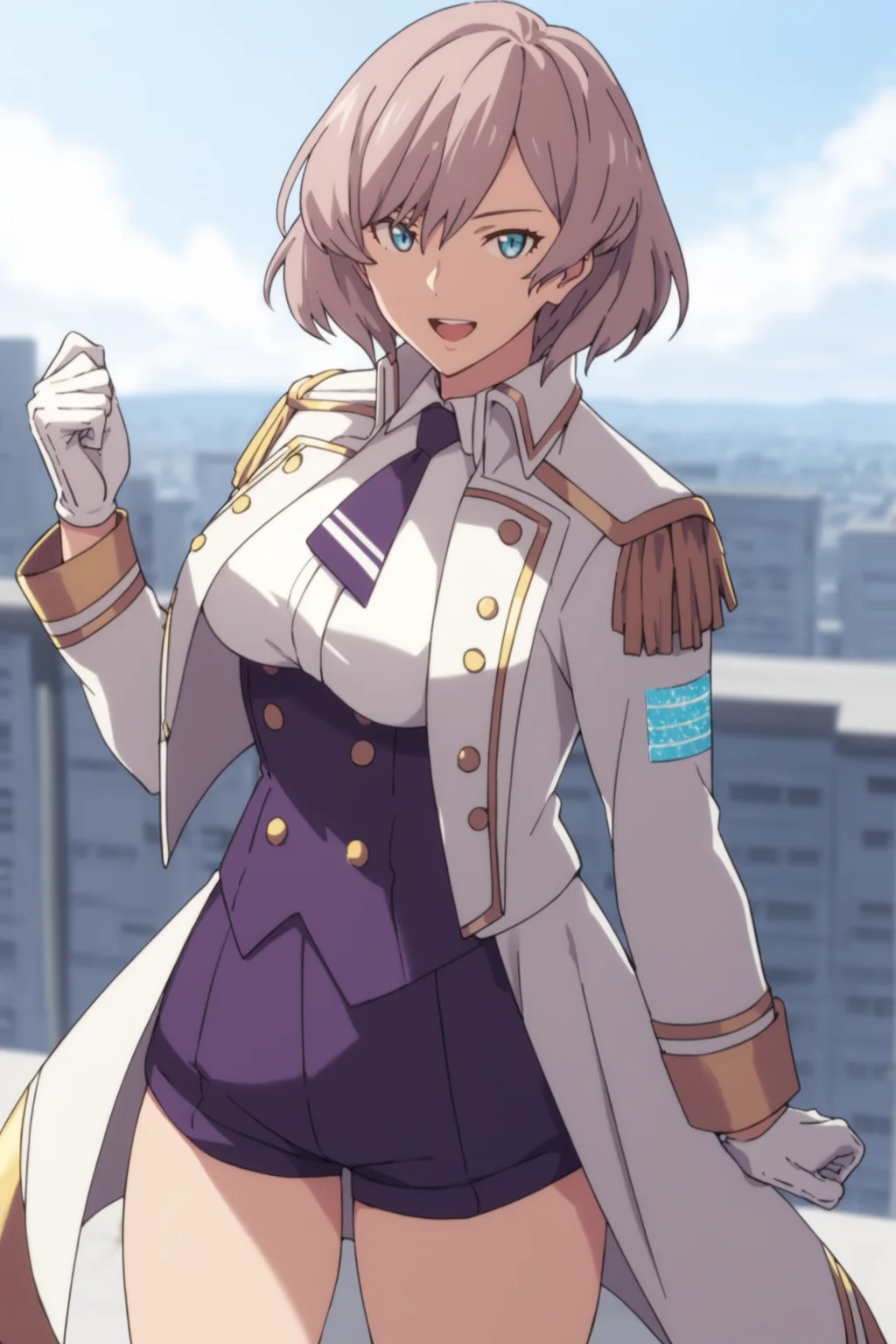 mujina, mujinanormal, blue eyes, short hair, purple hair, white gloves, necktie, purple shorts, short necktie, corset, white jacket, purple necktie, short shorts, long sleeves, open jacket, coat, bangs, white boots, <lora:Mujina:0.8>, score_9, score_8_up, score_7_up, score_6_up, score_5_up, source_anime, rating_safe, medium breasts, outdorrs, rooftop, city, 1girl, solo, looking at viewer, dynamic pose, <lora:age_slider_v4:3>, (upper body:1), smile, open mouth, raised fist