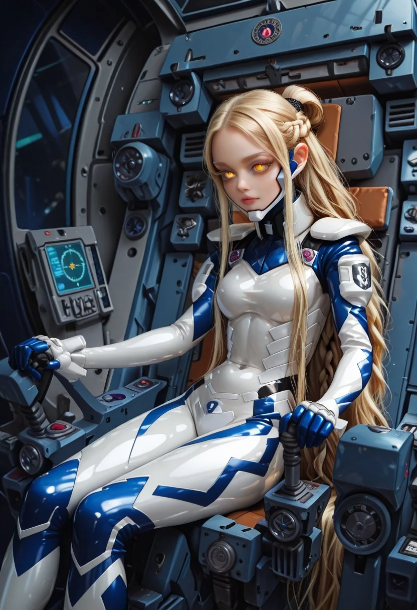 ultra-detailed,masterpiece, best quality, good quality, 8k,beautiful eyes, detailed eyes, detailed face, 
BREAK
ccmiquella,blonde hair,very long hair,absurdly long hair,half up braid,multiple braids,yellow eyes,glowing eyes,colored eyelashes,long eyelashes,hair flowing over,
BREAK
gundamallviewmoniter, cockpit, sitting, grip console,,
BREAK
Fortified Suit, Japanese Cadet,
BREAK
dark theme, 
BREAK
artist:moriimee,  <lora:MoriiMee_Gothic_Niji_Style_Illustrious_r1:0.6>, <lora:PowerPuffMixLora:0.5>,
BREAK