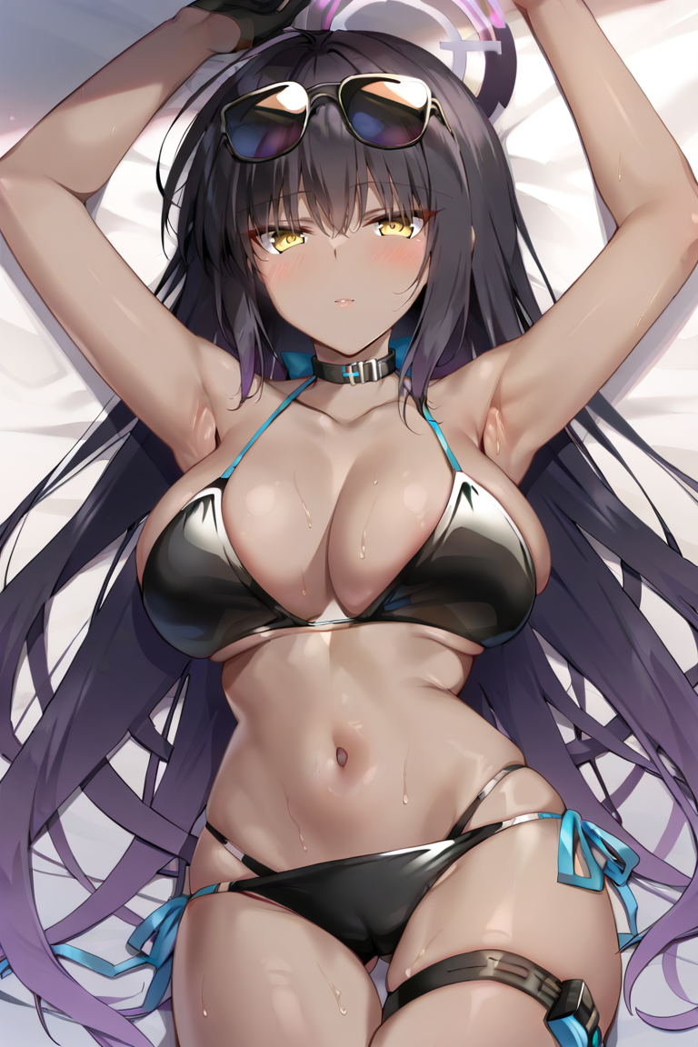 1girl,looking at viewer,blush,bangs,large breasts,black hair,very long hair,swimsuit,yellow eyes,thighs,lying,choker,black gloves,dark skin,on back,armpits,stomach,arms up,dark-skinned female,skindentation,thigh strap,black bikini,side-tie bikini bottom,halo,sunglasses,eyewear on head,karin \(blue archive\)<lora:motomiya_mitsuki-Style-PonyXL-Dora:1>