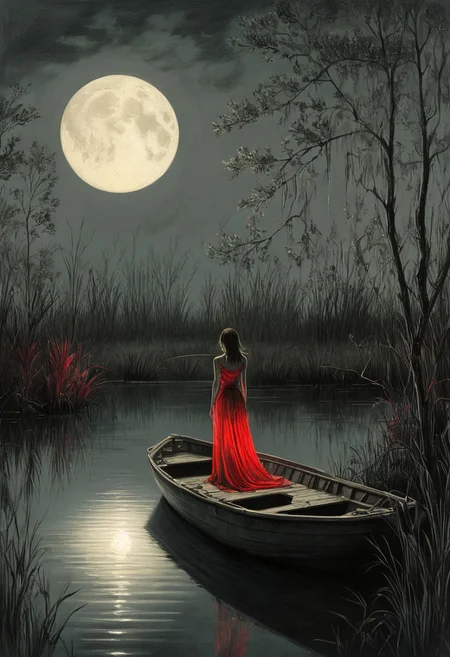 Shades of gray, aged black and red paper, moonlight, a female woman standing on a boat in swampy wetlands, (at a distance), will-o'-the-wisp, moonlit, lonely, solitude, windy, tall trees, willows, willow-like, 
Masterpiece, vibrant colors, very detailed, midjourneyv6.1, Light Painting, detail background, flowers