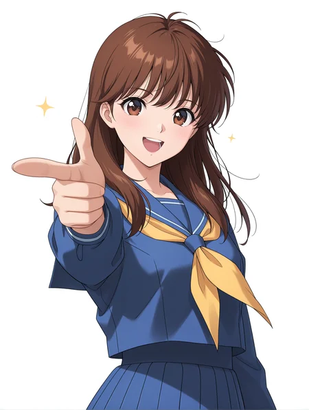 masterpiece,best quality,newest,
1girl,solo,
<lora:yukimura_keiko_ilxl_v1.1:0.9>,y_keiko,brown eyes,bangs,brown hair,
k_clothes,blue sailor suit,long_sleeves,blue shirt,yellow neckerchief,blue pleated skirt,
<lora:Fixhands_anime_bdsqlsz_V1:1>,looking_at_viewer,cinematic_angle,looking_at_viewer,white_background,simple_background,upper_body,face_focus,laughing,gasping,finger gun,long hair,