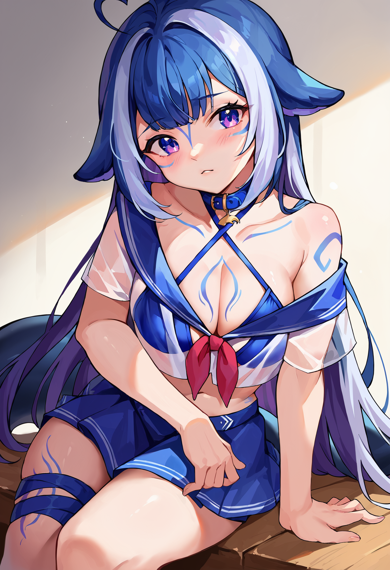 score_9, score_8_up, score_7_up, uncensored, source_anime, 1girl, <lora:spshylilyXLPony:1> shylily1st, heart ahoge, facial mark, fins, body markings, cetanean tail, blue collar, belt collar, blue bikini, swimsuit, bikini under clothes, school uniform, white shirt, see-through shirt, blue sailor collar, criss-cross halter, blue skirt, thigh strap