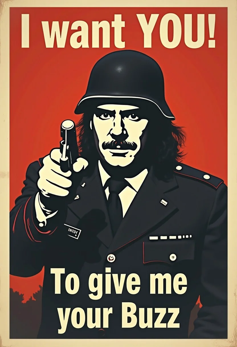 Army recruitment propaganda poster that texts: "I want YOU! To give me your Buzz”