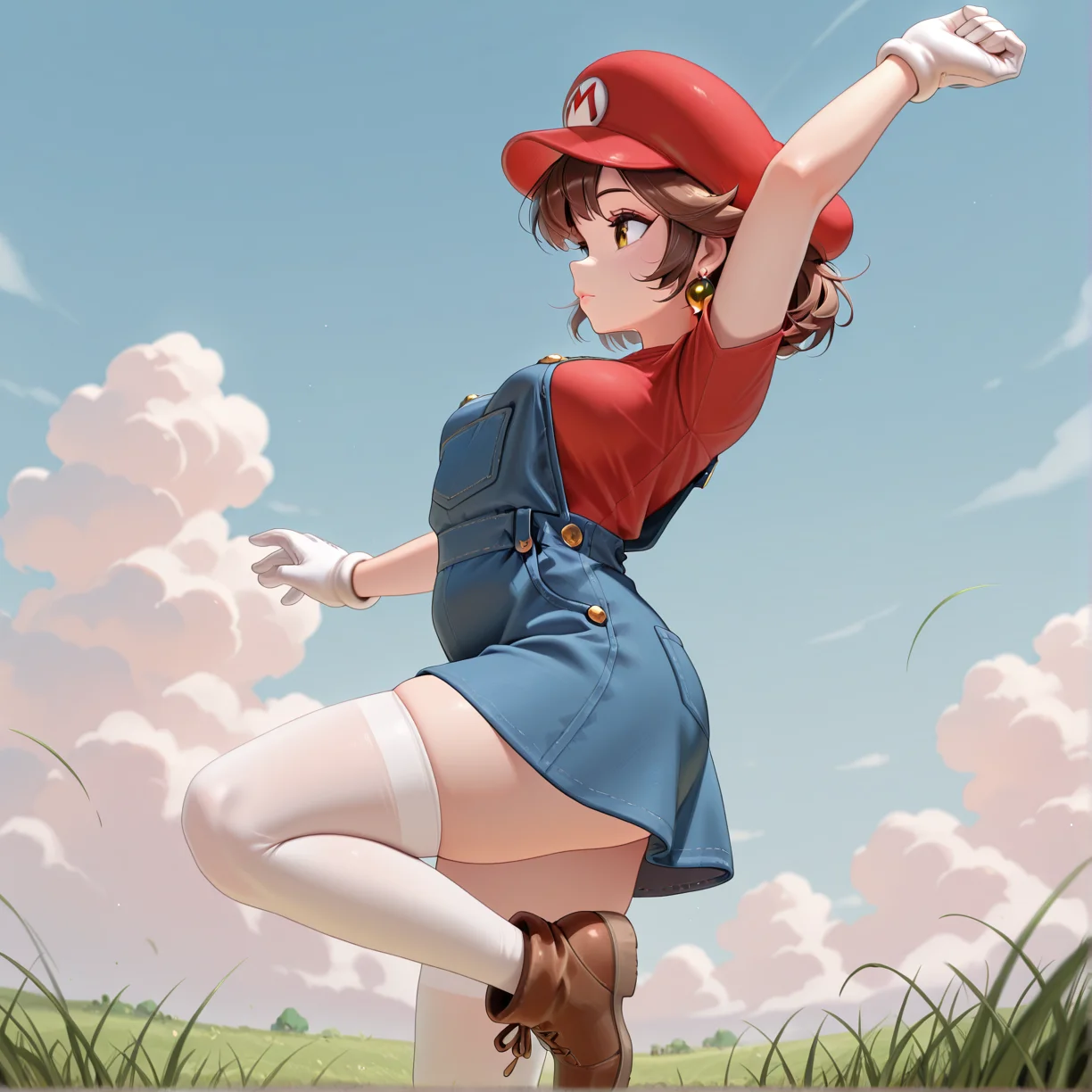 masterpiece, best quality, absurdres,
smolmaria, jumping, arm_up, hand_up, one leg up,
red shirt, smariajewelry, overall_skirt, mario hat, white thigh highs,
from side, solo,
grass, sky, clouds,