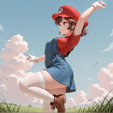masterpiece, best quality, absurdres,
smolmaria, jumping, arm_up, hand_up, one leg up,
red shirt, smariajewelry, overall_skirt, mario hat, white thigh highs,
from side, solo,
grass, sky, clouds,
