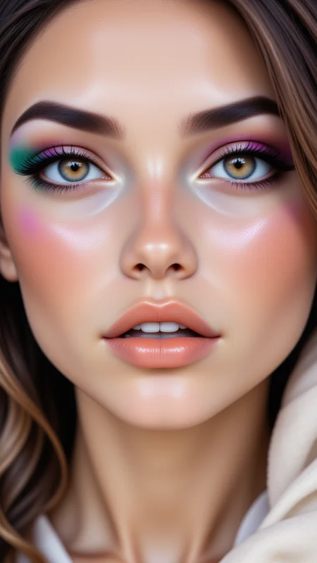 1woman, dllj02, A close-up with eye makeup that blends like watercolor in shades of teal, coral, and purple. Her lips are a soft coral gloss, and her skin has a dewy finish. The lighting is soft and diffused, adding to the artistic, watercolor effect,<lora:BetterPortraits:0.7>, jedjv1, <lora:JedJourney_epoch_7:0.3>, <lora:FLUX_Dolleij02:0.7>