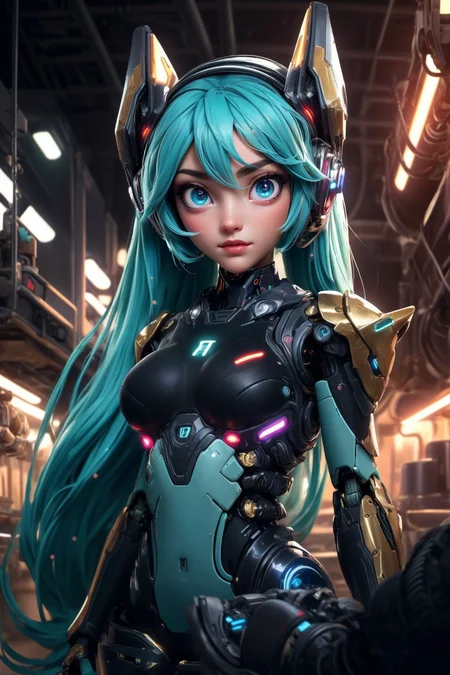 cgmech, beautiful eyes, upper body, underboob, portrait, robot, armor, Hatsune Miku, neon light, 8K, RAW, best quality, masterpiece, ultra high res, colorful, (medium wide shot), (dynamic perspective), sharp focus , (depth of field, bokeh:1.3), extremely detailed eyes and face, beautiful detailed eyes,large breasts,(black gold, trimmed gear:1.2),(In a futuristic weapons factory:1.2), ((masterpiece, best quality)), <lora:more_details:0.3> Detailed background, spaceship interior <lora:Niji:0.5>