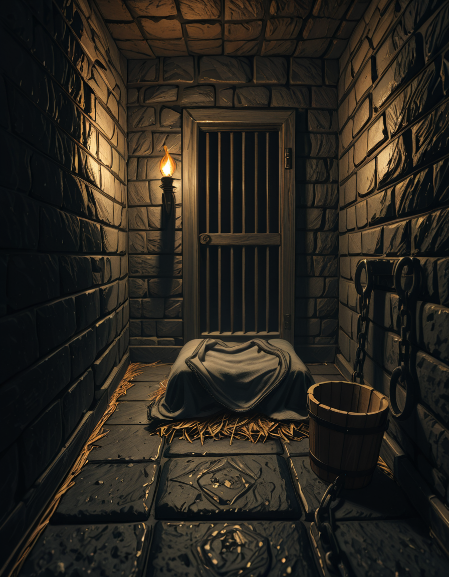 A hyper-realistic photo of a dark medieval dungeon cell inspired by Skyrim, with cold, damp stone walls covered in patches of moss and cracks. The floor is made of uneven cobblestones, partially wet with small puddles reflecting dim torchlight. An old, rusted iron-barred door is slightly ajar, casting long shadows on the ground. In the corner, a pile of straw serves as a makeshift bed, with a thin, tattered blanket thrown over it. Chains and shackles hang from the walls, showing signs of centuries of use. A small wooden bucket sits beside the bed, used as a primitive toilet. The atmosphere is heavy and oppressive, filled with a faint mist in the air. The only source of light comes from a single flickering torch mounted on the wall outside the cell, creating dramatic, warm orange glows contrasting with deep, cold shadows. The photo is taken from a slightly low angle, as if from the perspective of someone crouched on the floor inside the cell, adding a sense of claustrophobia and confinement. Ultra-realistic textures, high detail, cinematic lighting, 4K quality.
<lora:SDXLFaeTastic2400:0.4> <lora:extremely_detailed:0.4> extremely detailed,,dungeon c3ll <lora:dungeon_c3ll-i:1>, Masterpiece,best quality,hi res,8k,hi res,8k,award winning,(sharp focus, intricate, highly detailed),
