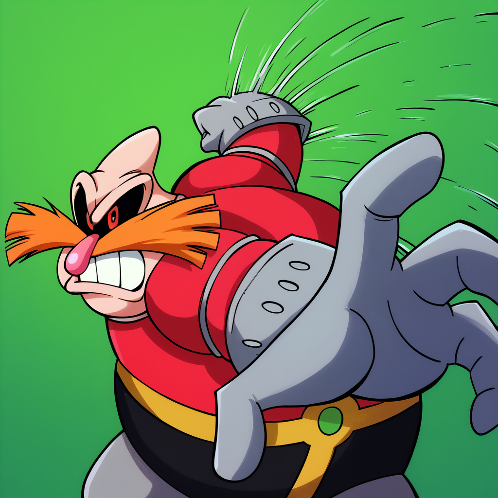 zPDXL, score_9_up, score_8_up, score_7_up, best quality, soft shading:1.5, IncrsPunchMeme, masterpiece, source_anime, (green background, speed lines:1.2) (arms up, looking up:1.4), BREAK 1boy, solo, dr_robotnik_(\aosth\), bald, red eyes, orange mustache, pink nose, fat, red shirt, black pants, grey socks, grey gloves, teeth, incoming punch, looking at viewer, <lora:PDXL_Robotnik_AOSTH:1>   <lora:PepePunchMeme_XLPD:0.8>