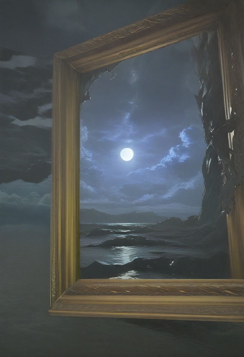 an oil painting of dark fantasy photograph of a night sky with a surreal, dreamlike quality. An open old golden frame can be seen in the middle of the cloudy sky image. Not a single wall is visible outside the golden frame. In the frame itself we see a magical miniature huge waterfall flowing into a raging river, tall trees, 2 birds fly out of the window. The river pours powerfully and massively over the lower frame! Extending to the bottom edge of the picture.
The sky framing the entire frame has a few delicate clouds and a full illuminating moon who gives the picture a bokeh atmosphere. 
Inside the golden frame we can see the magical miniature waterfall landscape. The outside of the frame is a cloudy night sky with occasional delicate clouds. Not a single wall or wall is visible! a cloudy sky in magical moonlight with occasional delicate clouds. .ASKING GOD \(PICTURE BOOK\)
 reflective light, bosstyle, HD, masterpiece, best quality, hyper detailed, ultra detailed (vibrant masterpiece, 32K, UHD, best resolution, perfect details, best quality, best details, best artist, sharp edges, detailed textures, atmospheric lighting, visually stunning, perfect composition, trending on behance) on the street, style of van gogh, starry night vibes, expressionism, gloomy, dark tones, unforgettable, dark fantasy, fantasy, emotional depth. (vibrant masterpiece, (8k1.5), UHD, very detailed, high-quality, best artist, sharp edges, detailed textures, atmospheric lighting, stunning visuals)