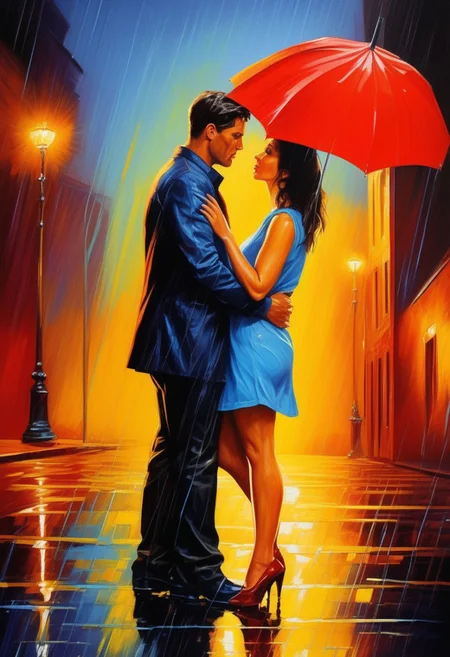 colorfully stylish, primary colors, A sensual portrait of a couple standing in the rain beneath a vivid yellow umbrella, their faces wet and close, locked in a moment of restrained intensity. The scene is hyper-realistic: red city lights reflect in puddles, blue night sky contrasts with their warm skin tones. Their expressions are full of longing, their closeness electric. A stylized, emotional tableau, artistically lit with bold primaries.